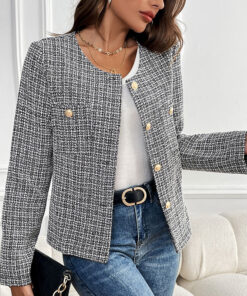 Loose Metal Button Single-breasted Plaid Coat For Women