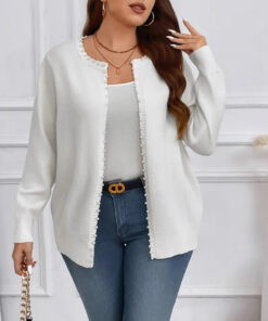 Solid Color Pearl Trim Long Sleeve Cardigan Plus Size Knitwear