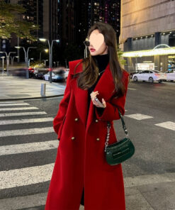 Red Temperament Long Sleeve Women's Woolen Coat