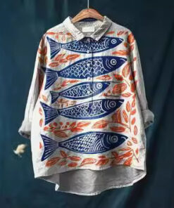 Women's Retro Fish Art Print Lapel Long Sleeve Shirt