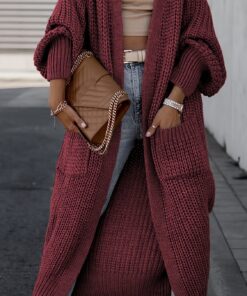 Long Sleeve Long Length Solid Open Front Pocket Cardigan