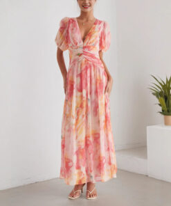 Women's V-neck Short Sleeve Zipper High Waist Print Dress